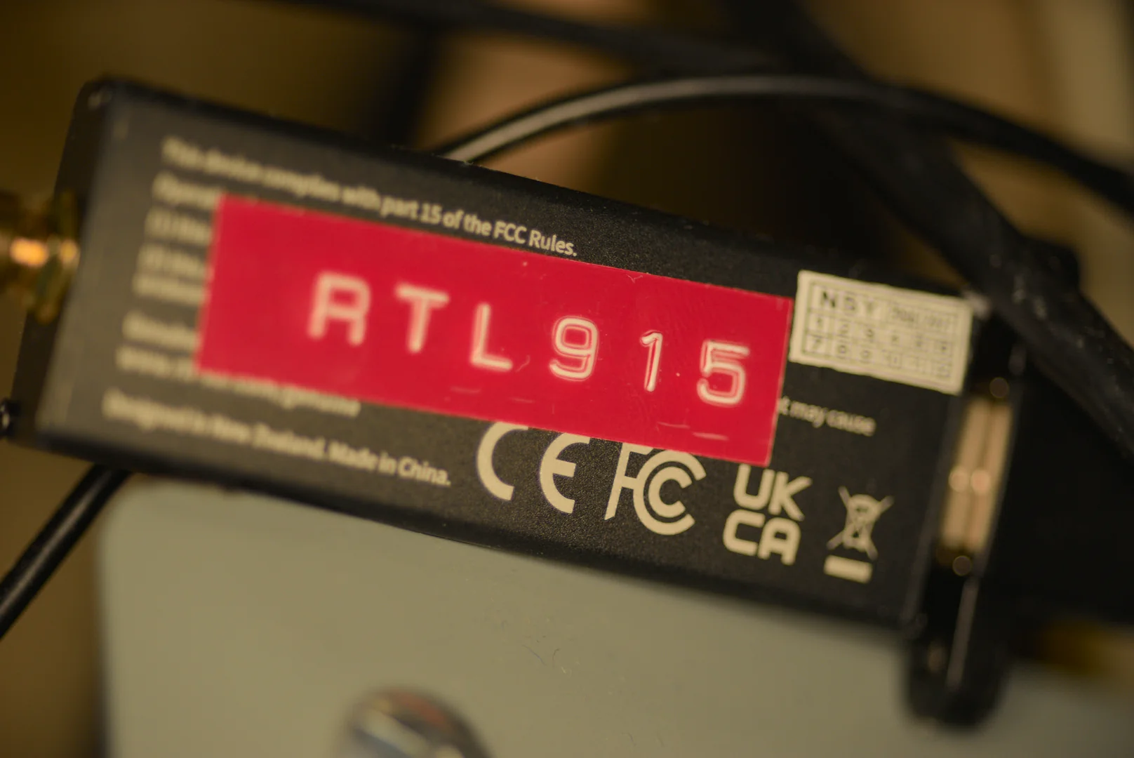 Close-up of the board label and regulatory marks